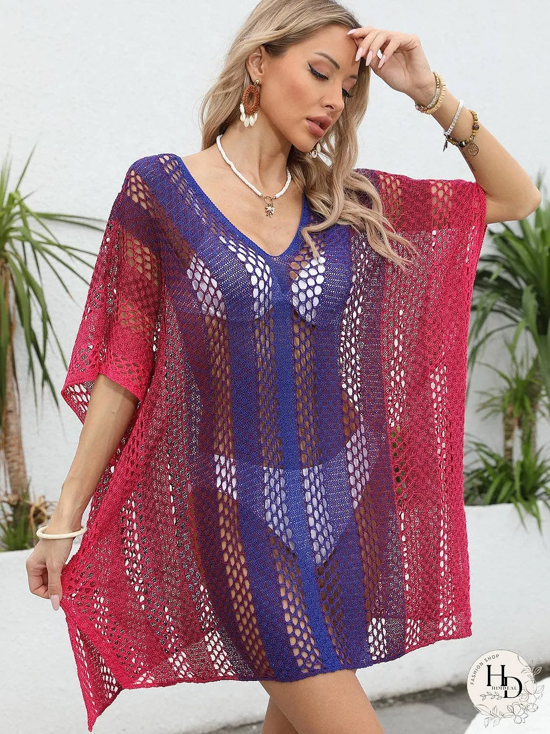 Openwork Contrast V-Neck Cover-Up