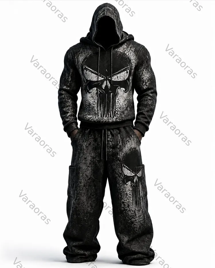 Men's Fashion Skull Contrast Color Embroidered Hoodie & Pants Two-Piece Set 4216