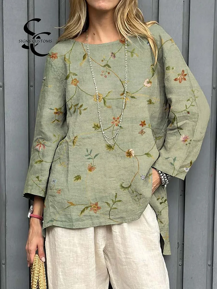 Women's Vintage Floral Art Print Casual Cotton Linen Shirt