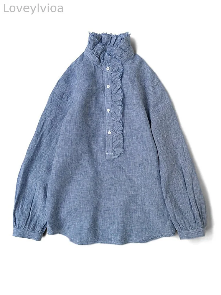 Retro Casual Linen Blend Ruffle Shirt
