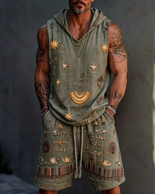 Men's Summer Outdoor Fashion Hippie Star and Moon Embroidered Top and Shorts Two-Piece Set 5879