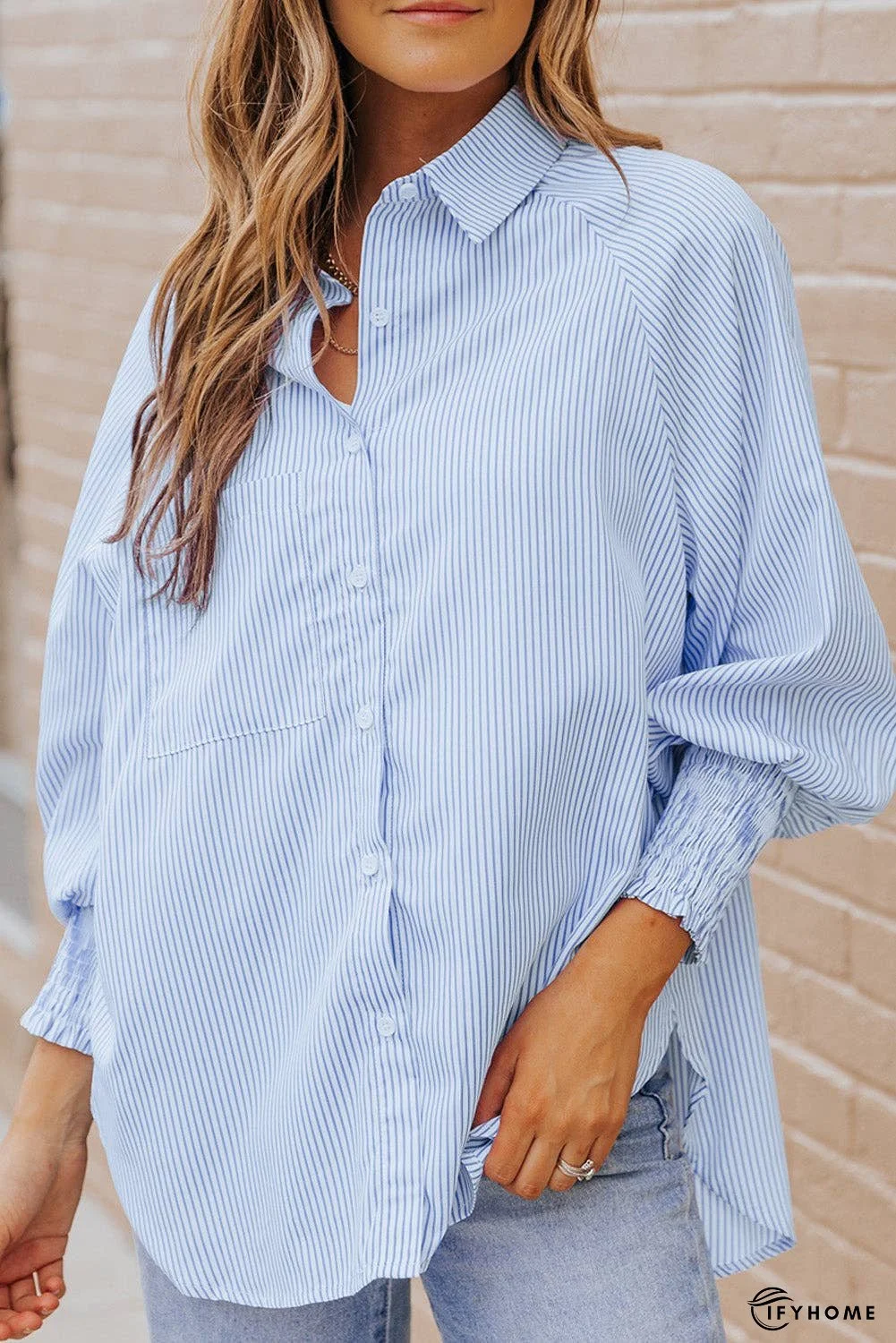 Striped Lantern Sleeve Collared Shirt | IFYHOME