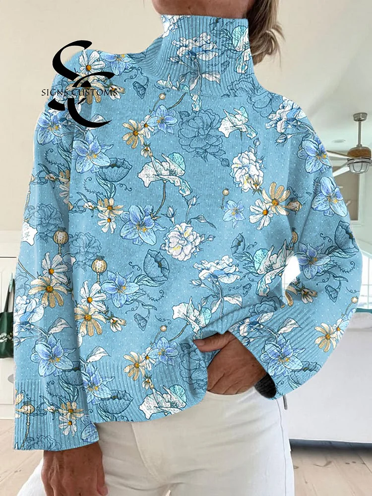 Vintage Floral Art Print Knit Turtleneck Pullover Sweater
