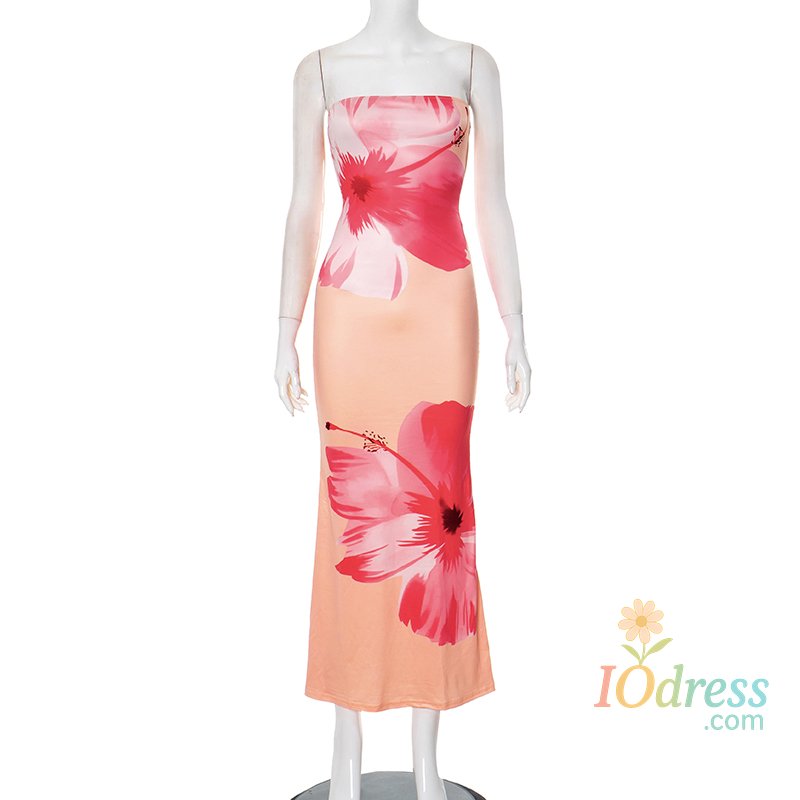 IO Dress CUTENOVA Women's 2024 New Flower Printed Tubeless Dress Casual Vacation Off Shoulder Slim Beach Floor Length Long Dress