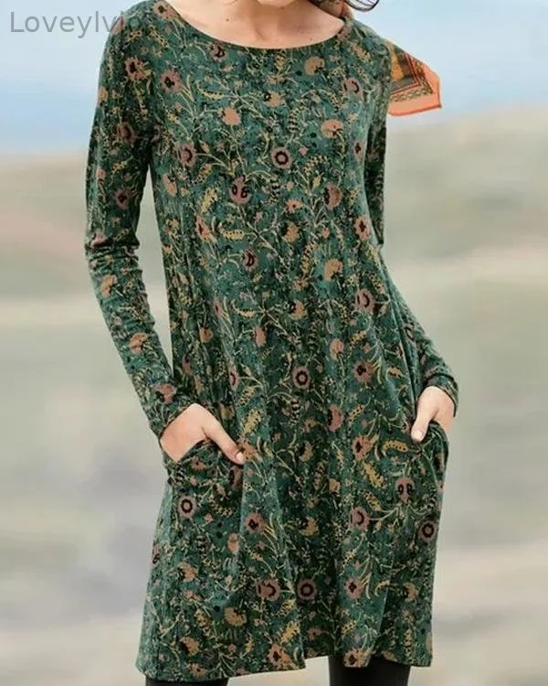 Casual Floral Tunic Round Neckline Shift Dress