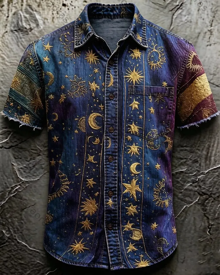 Men's Summer Outdoor Fashion Star Embroidery Color Block Polo Shirt  7039