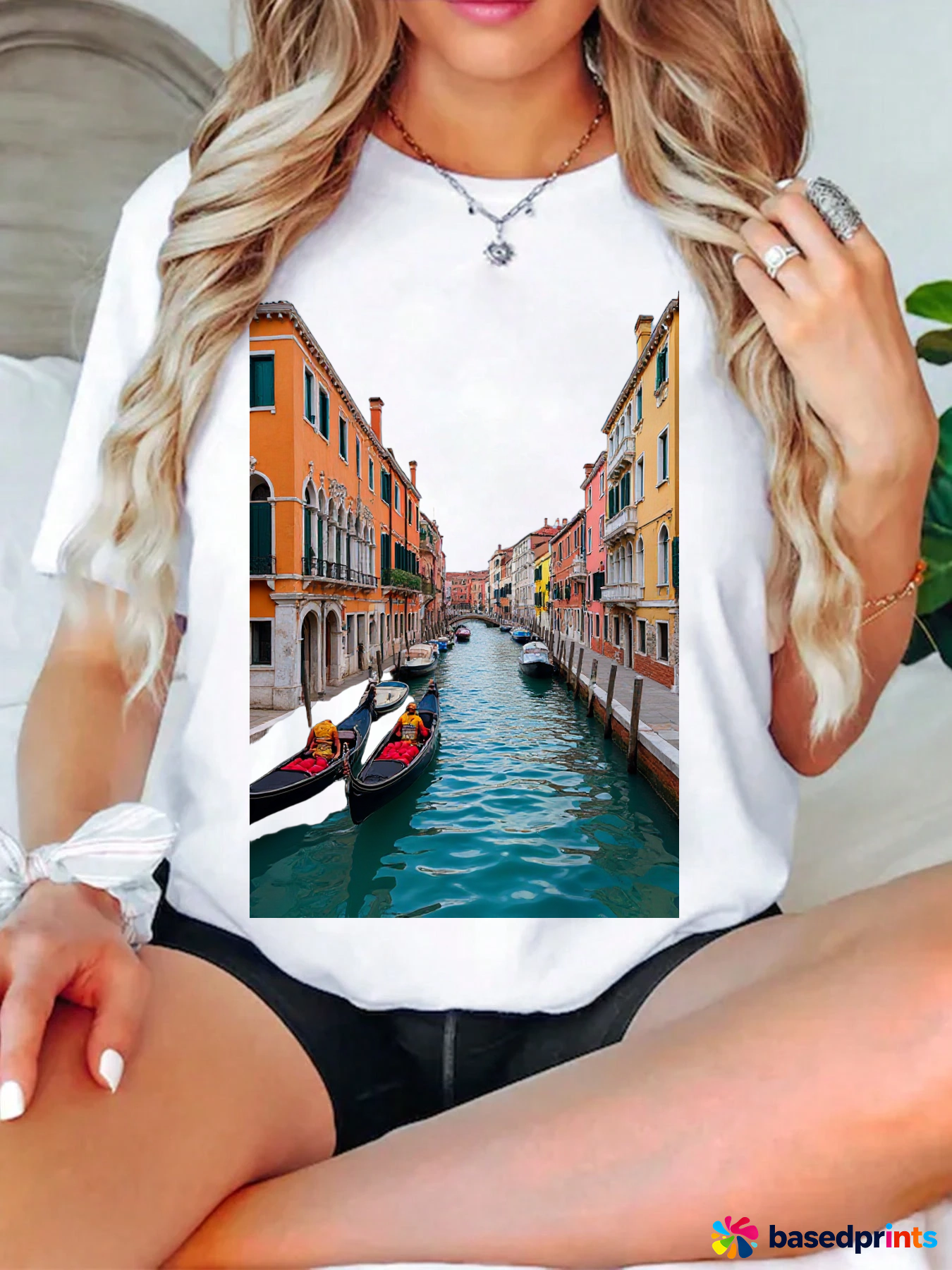 Vintage Venice Print T-Shirt Women Casual Short Sleeve Summer Tee