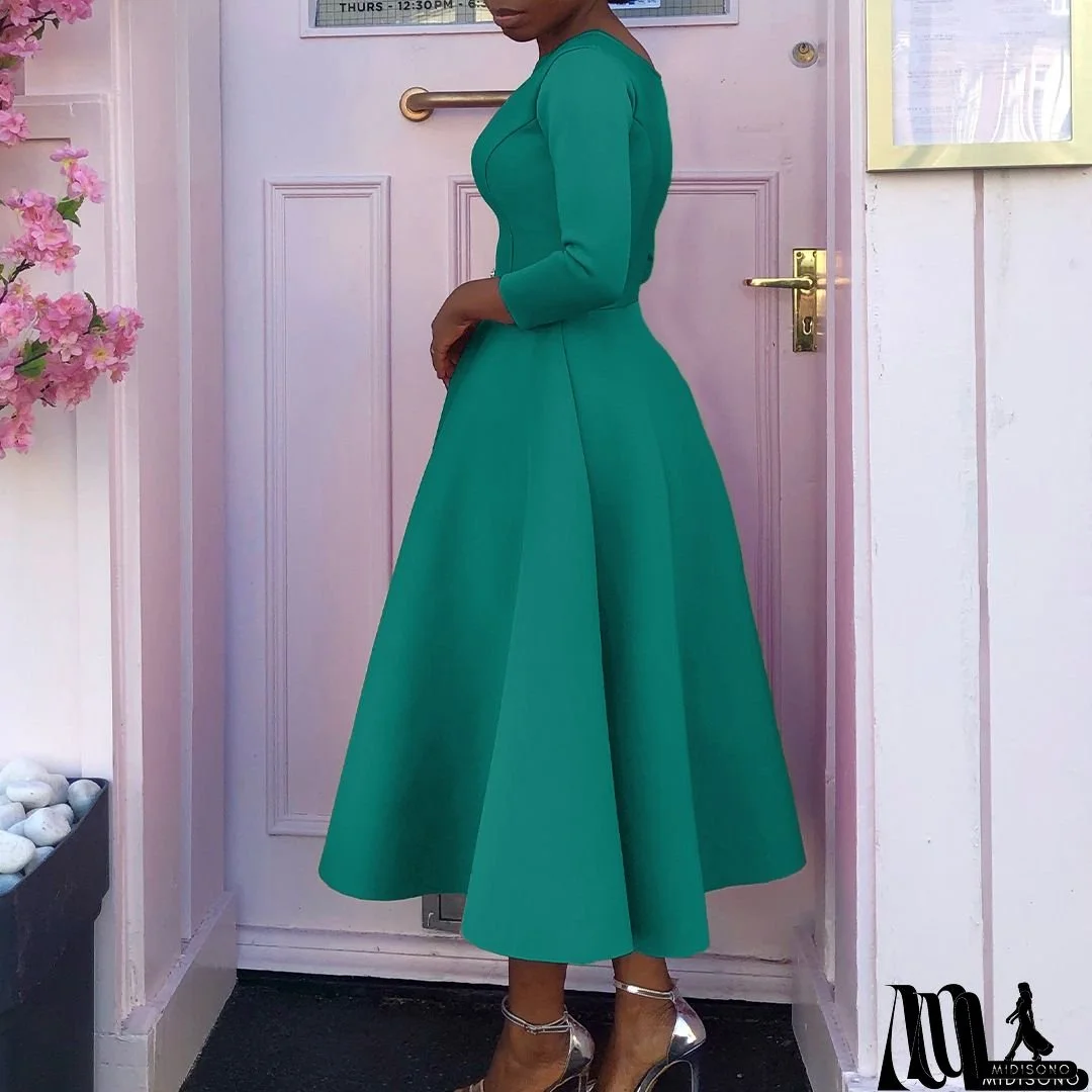 Elegant French-Inspired Midi Dress With Ruffled Hem - Light Green, Long Sleeves, Round Neck, Cinched Waist, Perfect For Spring & Fall, Casual Elegance|Ruffled Hem Dress|Cinched Waist Design