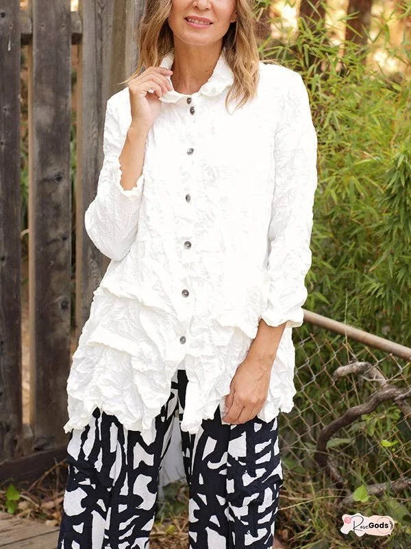 Loose Long Sleeve Front Pocket Crinkled Embossed Fabric Blouses