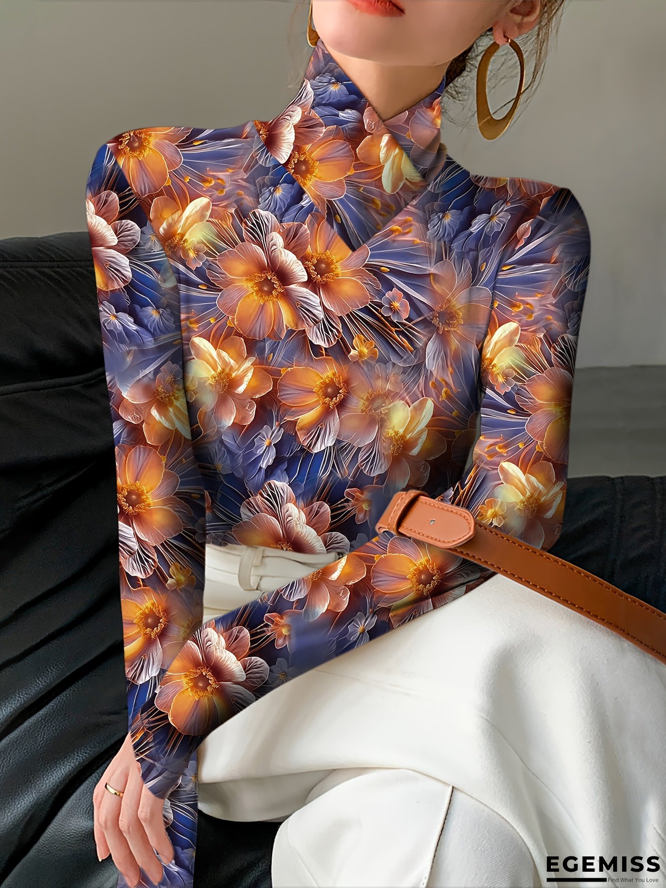 Women&lsquo;s Floral Print Slim Fit Long Sleeve T-Shirt - Sexy High Neck Top with Vibrant Orange & Blue Flowers, Casual Chic Style for Fall/Winter, Machine Washable, Floral Print Blouse, Winter Fashion, Elegant Neckline, Stylish Construction | EGEMISS