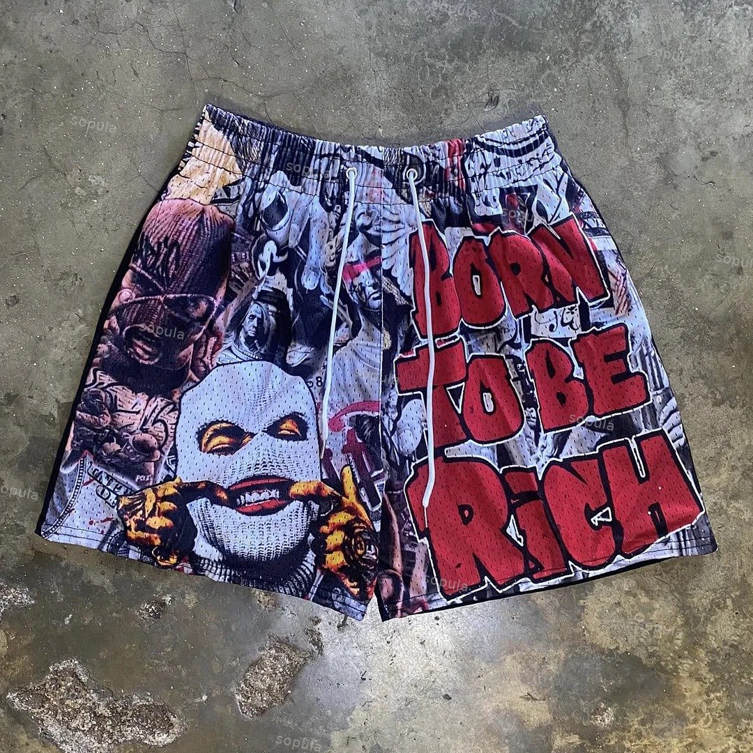 Vintage Born To Be Rich Masked Man Graphic Casual Street Mesh Shorts