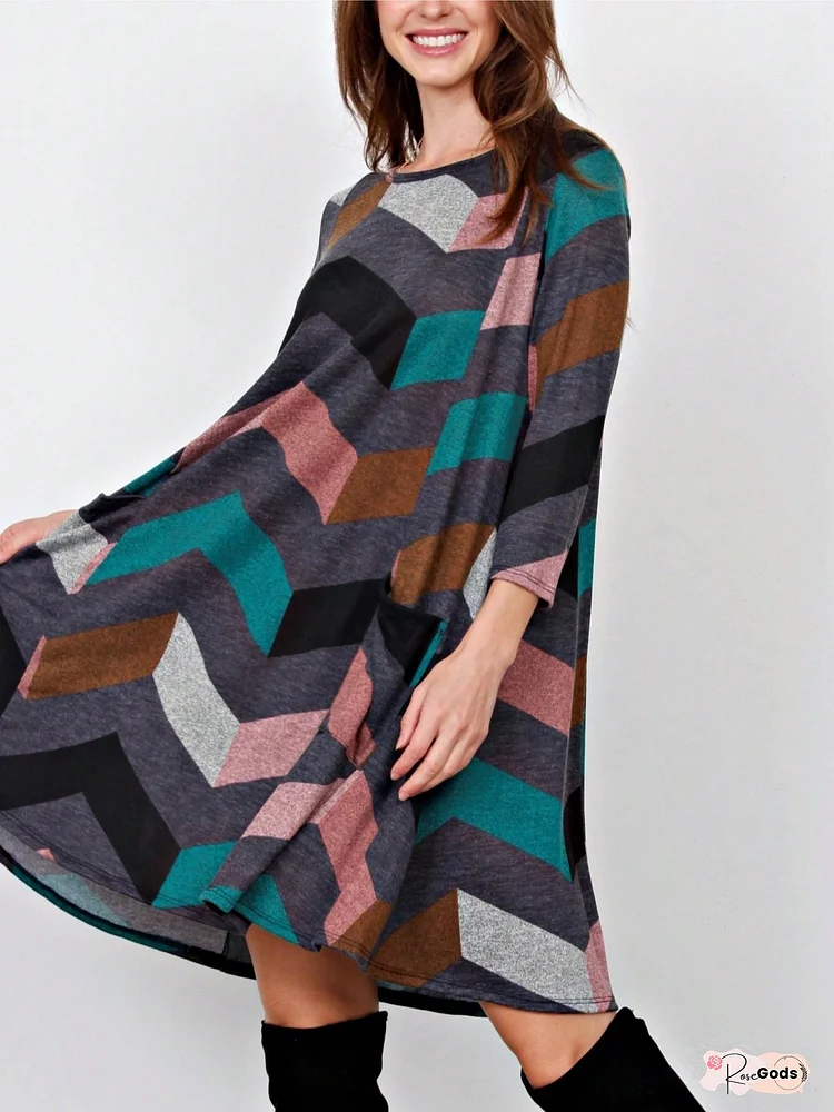 Boho Retro Half Balloon Puff Sleeve Ditsy Chevron Zig Zag Floral Stripe Brown Mint Navy Olive Cream Orange Pink Tunic Dress