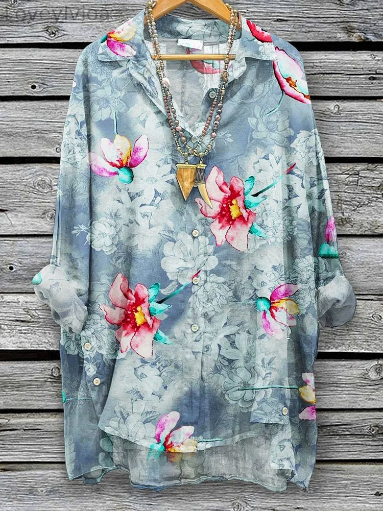 Women's  Floral  Print Casual Cotton And Linen Shirt