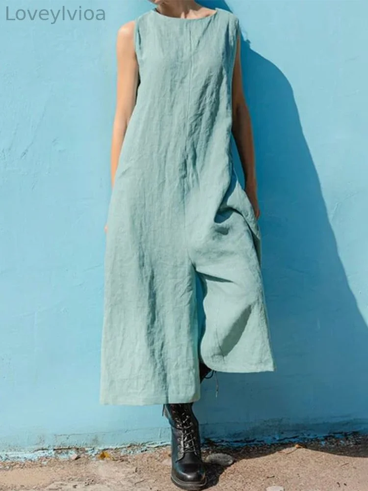 Fashion Simple Solid Color Linen Jumpsuit