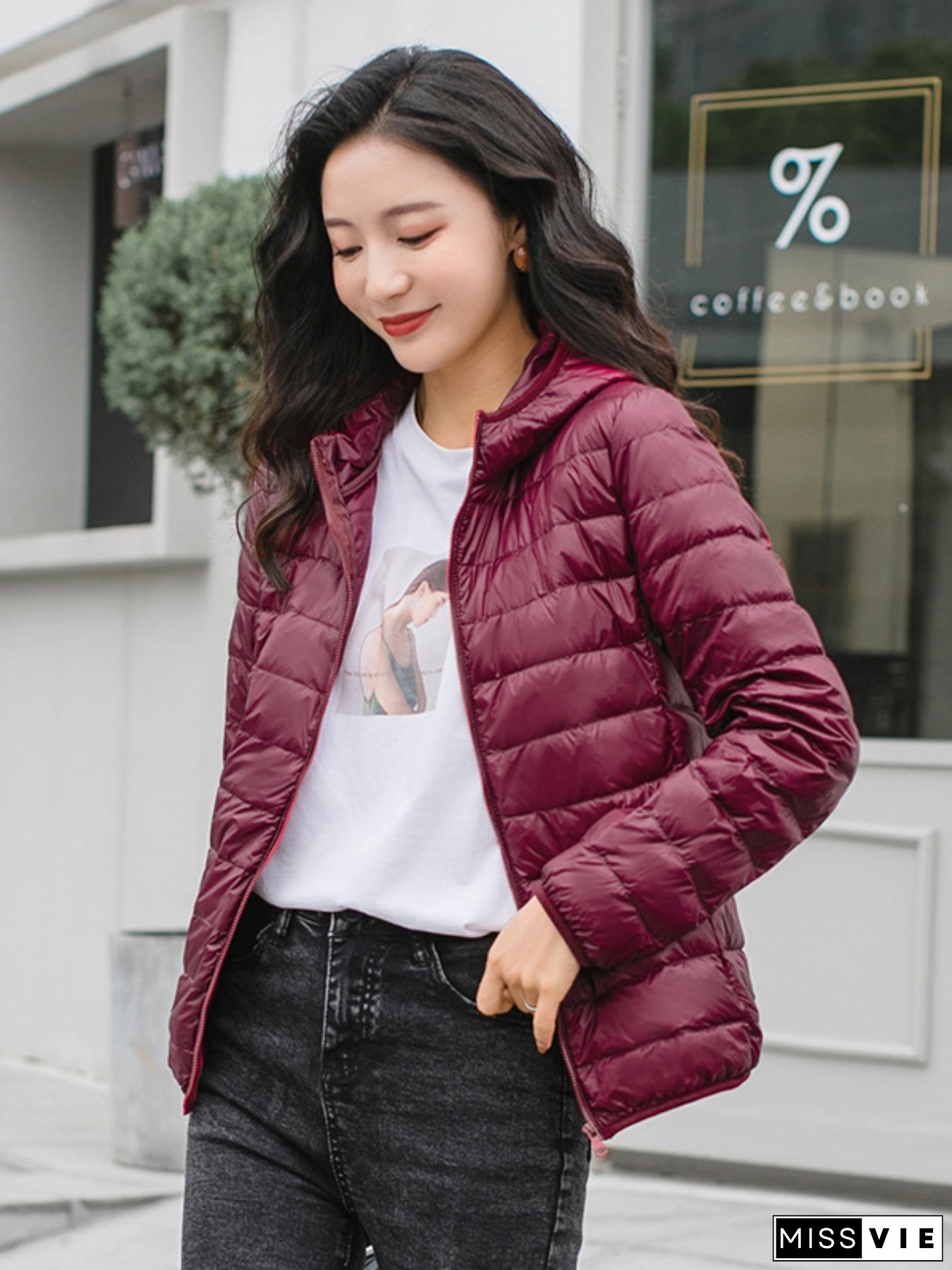Women Cropped Puffer Jacket Lightweight Solid Color Warm down Hoodie Zipper Cardigan with Pockets for Winter Outwear