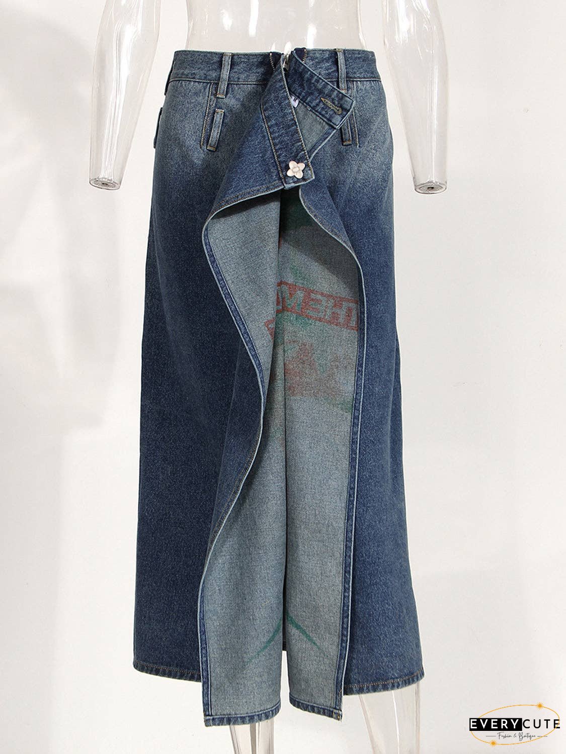 Reversible Slit Printed Midi Denim Skirt