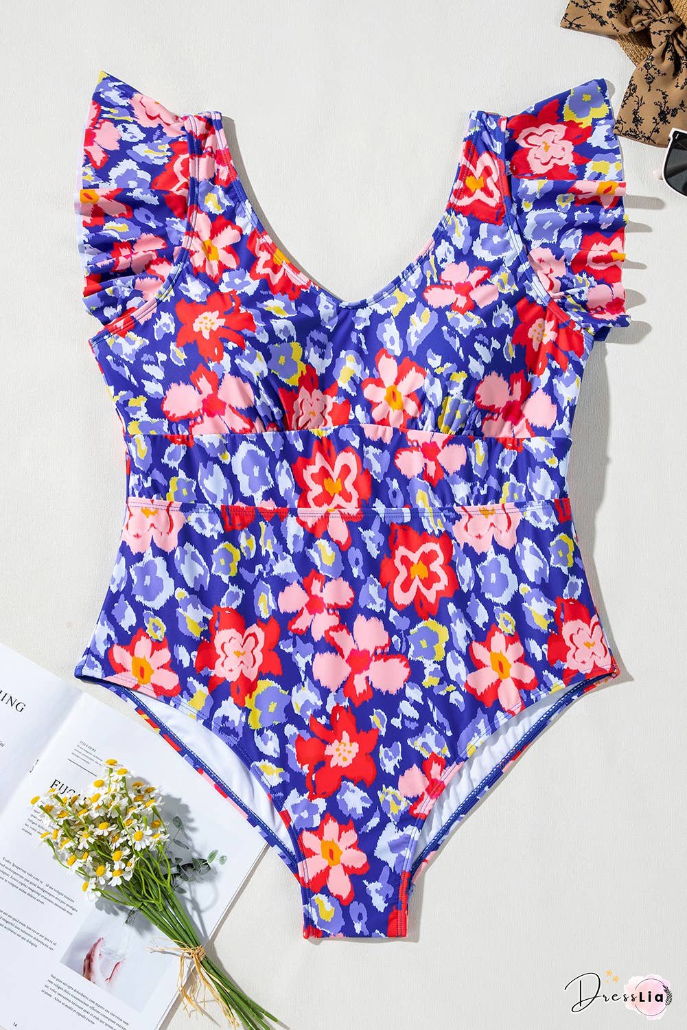 Plus Size Floral Ruffle Backless One Piece Swimsuit