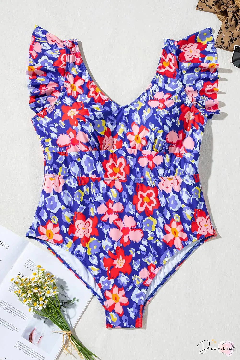 Plus Size Floral Ruffle Backless One Piece Swimsuit