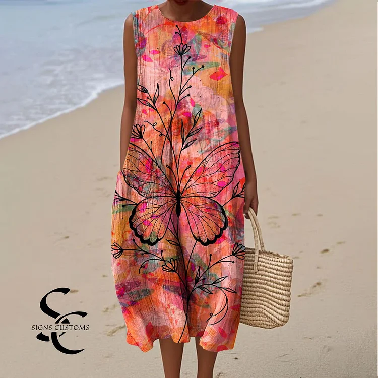 Women's Vintage Butterfly Art Print Sleeveless Cotton Pocket Wrap Dress