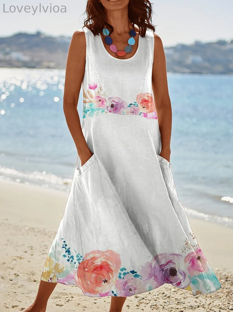 Women‘s Spring Flowers Watercolor Pattern Pocket Pinafore Linen Dress