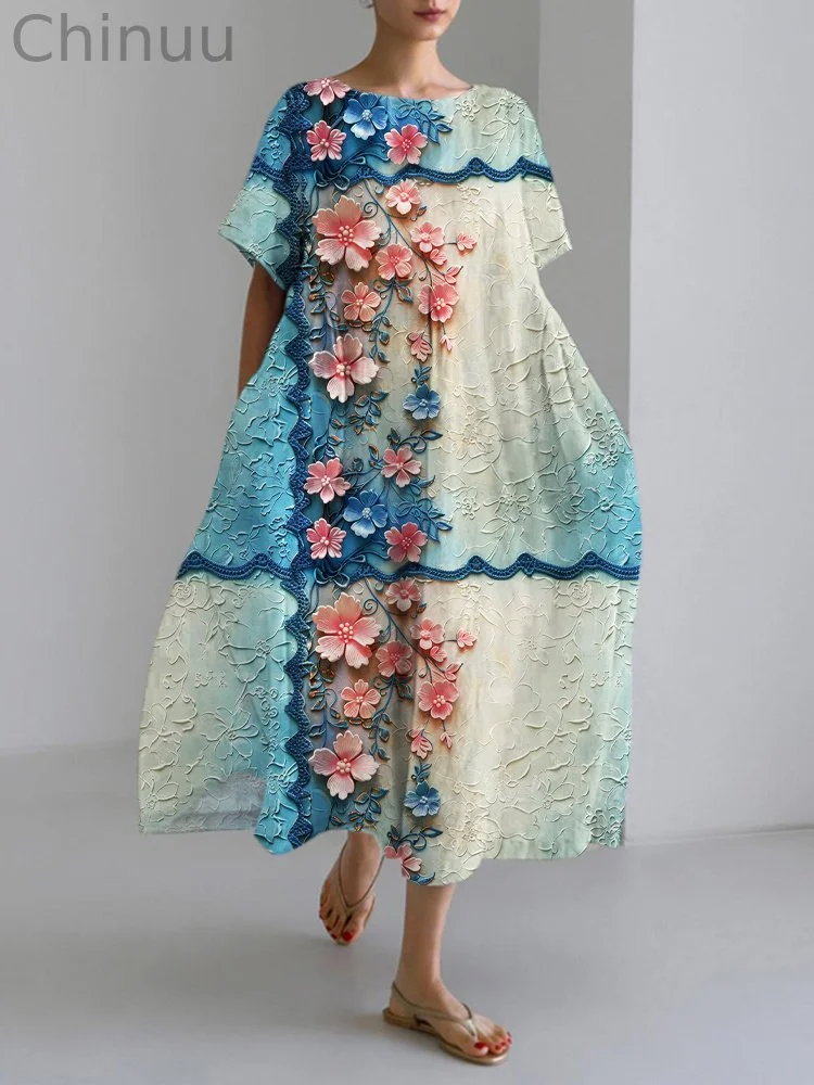 Gradient Embossed Floral Pattern Linen Blend Maxi Dress