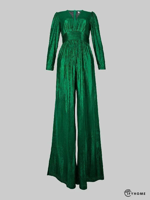 High Waisted Three-Quarter Sleeves Pleated Solid Color Deep V-Neck Jumpsuits | IFYHOME