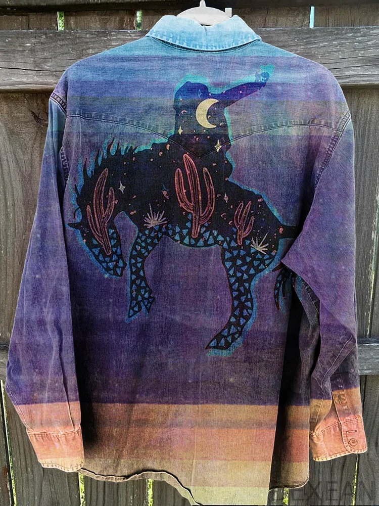 Colorful Cowboy Desert Vintage Print Casual Shirt