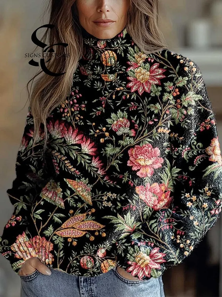 Women's Vintage Art Flower Print Knit Turtleneck Pullover Sweater