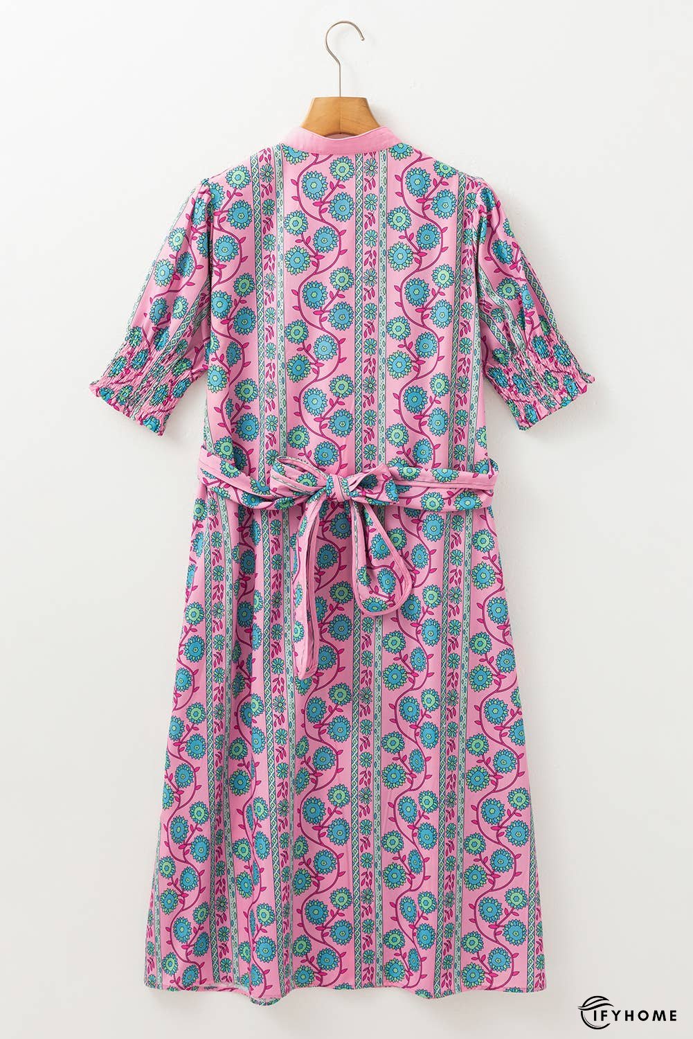 Floral Shirred Puff Sleeve Buttoned Front Midi Dress | IFYHOME