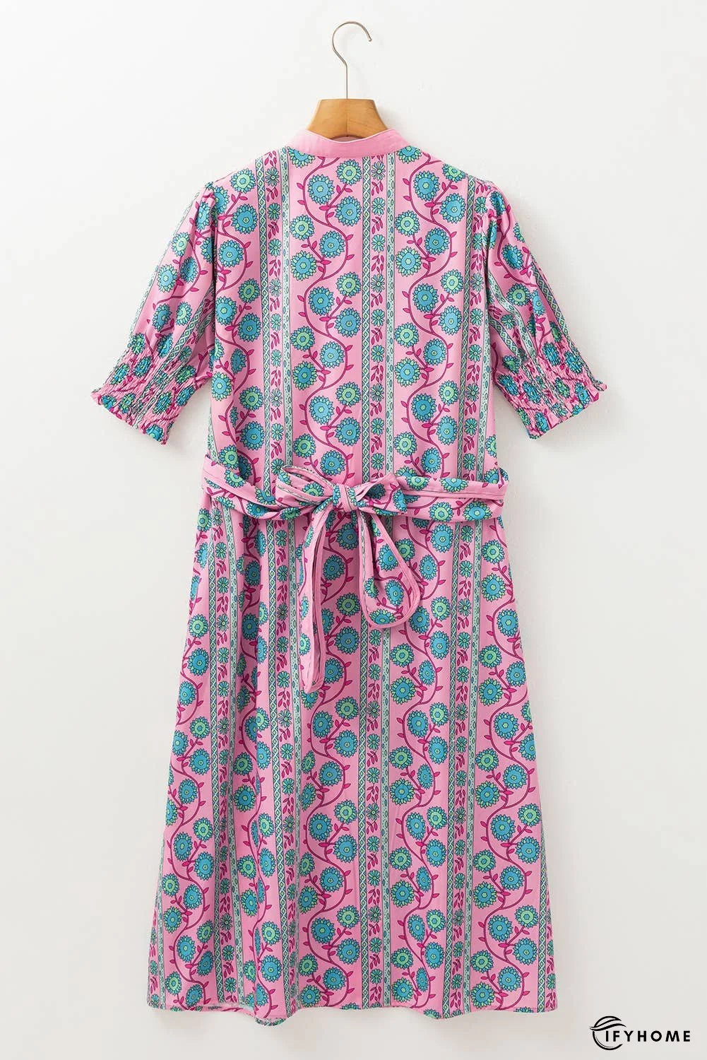 Floral Shirred Puff Sleeve Buttoned Front Midi Dress | IFYHOME