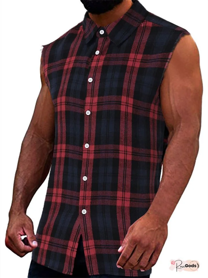 Men's Shirt Button Up Shirt Plaid Shirt Summer Shirt Yellow Red Blue Sleeveless Plaid / Check Turndown Outdoor Street Button-Down Clothing Apparel Fashion Casual Breathable Comfortable