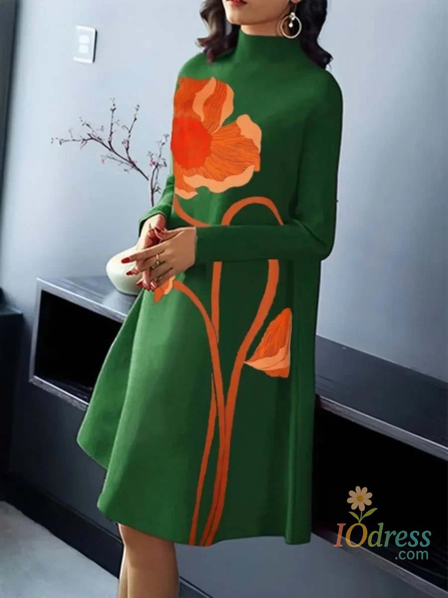 IO Dress UOOZEE 2024 New Autumn Floral Printed Green Dress for Women Long Sleeves High Neck Vintage Elegant Party Evening Midi Dresses
