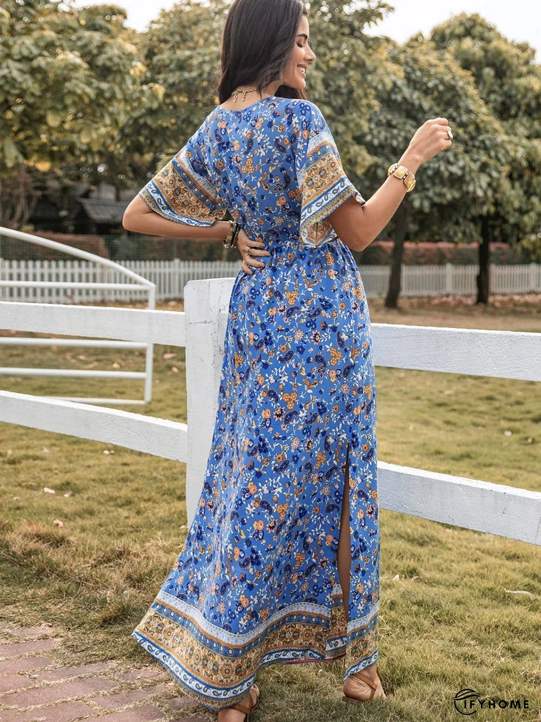Slit Printed V-Neck Half Sleeve Maxi Dress | IFYHOME