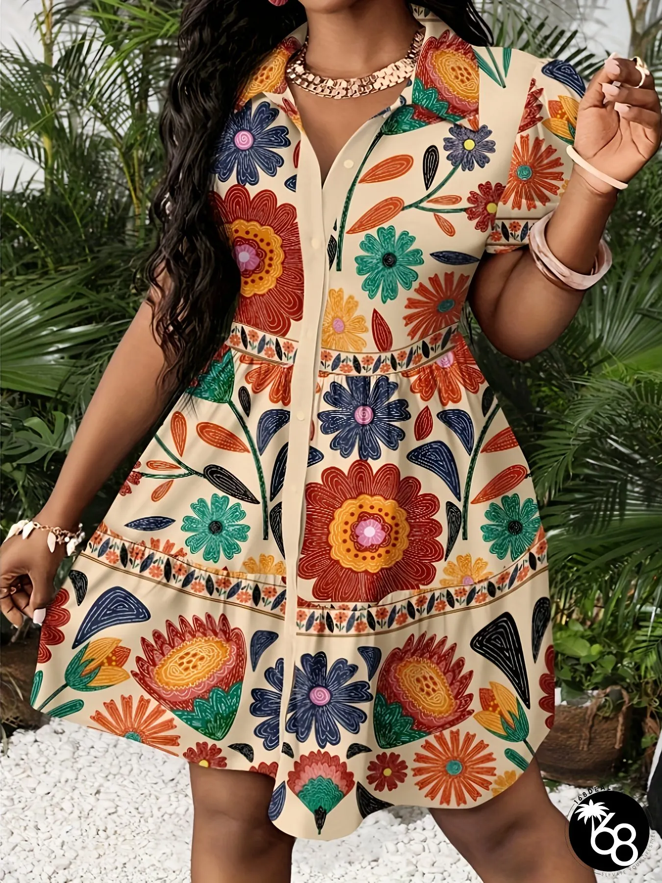 Plus Size Womens Summer Floral Print Short Sleeve Dress Casual Button-Front Collar A | 168DEAL