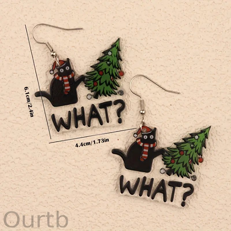 nickelfree hooks pair of festive black cat christmas tree cartoon earrings glossy acrylic with nickel free alloy hooks ideal womens gift for holiday parties 3