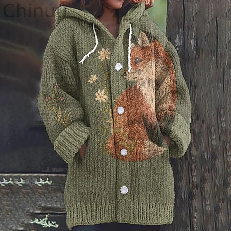 Vintage Fox Floral Art Cozy Knit Hooded Cardigan