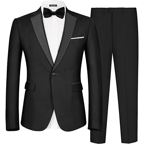 MAGE MALE Men's 2 Piece Suit One Button Slim Fit Formal Wedding Prom Tuxedo Suits Blazer Pants with Bow Tie Set Small Black-peak Lapel-1 amazon James Yang