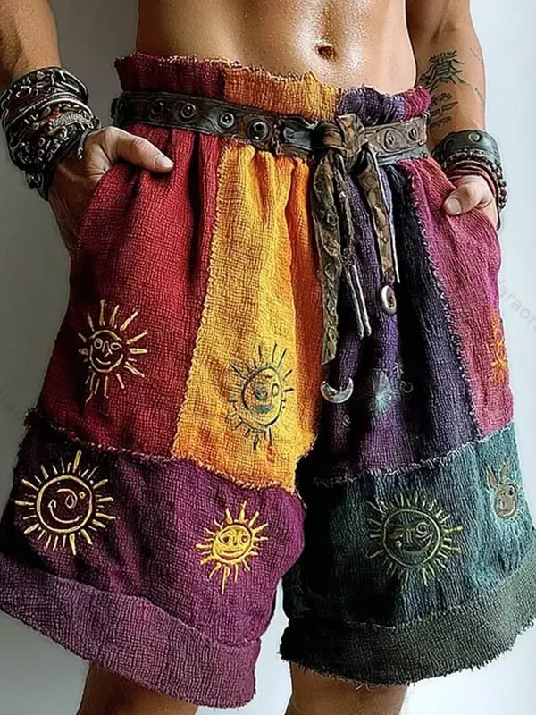 Men's Hippie Sun Color Block Patchwork Art Print Casual Shorts b03d