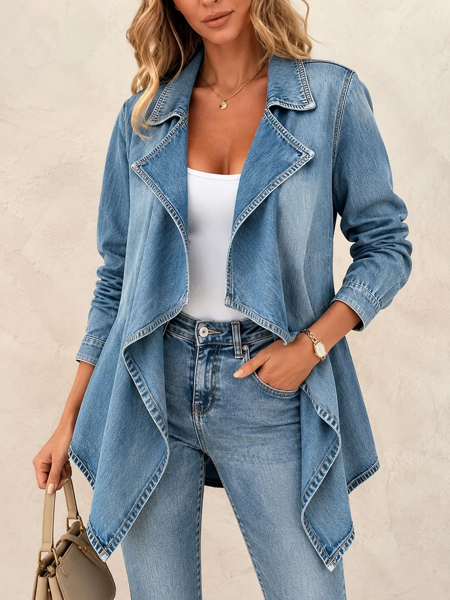Ideal for an Outdoor Autumn Ranch Retreat &mdash; Classic Blue Open-Front Draped Hem Cotton Denim Jacket for Women