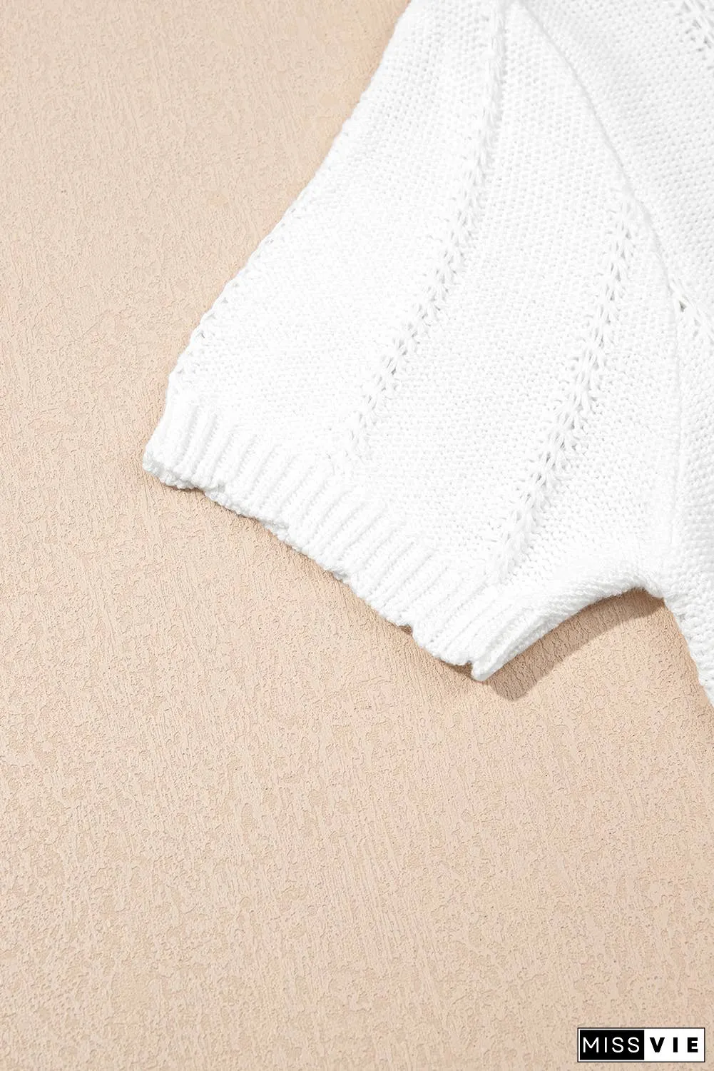 Pointelle Knit Short Puff Sleeve Crewneck Sweater