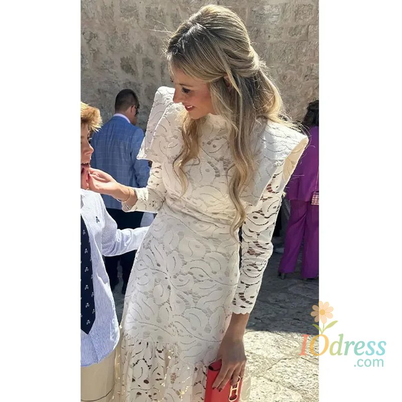 IO Dress Elegant Hollow Out Long Dress Women High Collar Long Sleeve Slim Solid Dresses 2025 Autumn Summer Patchwork Lady Party Robe