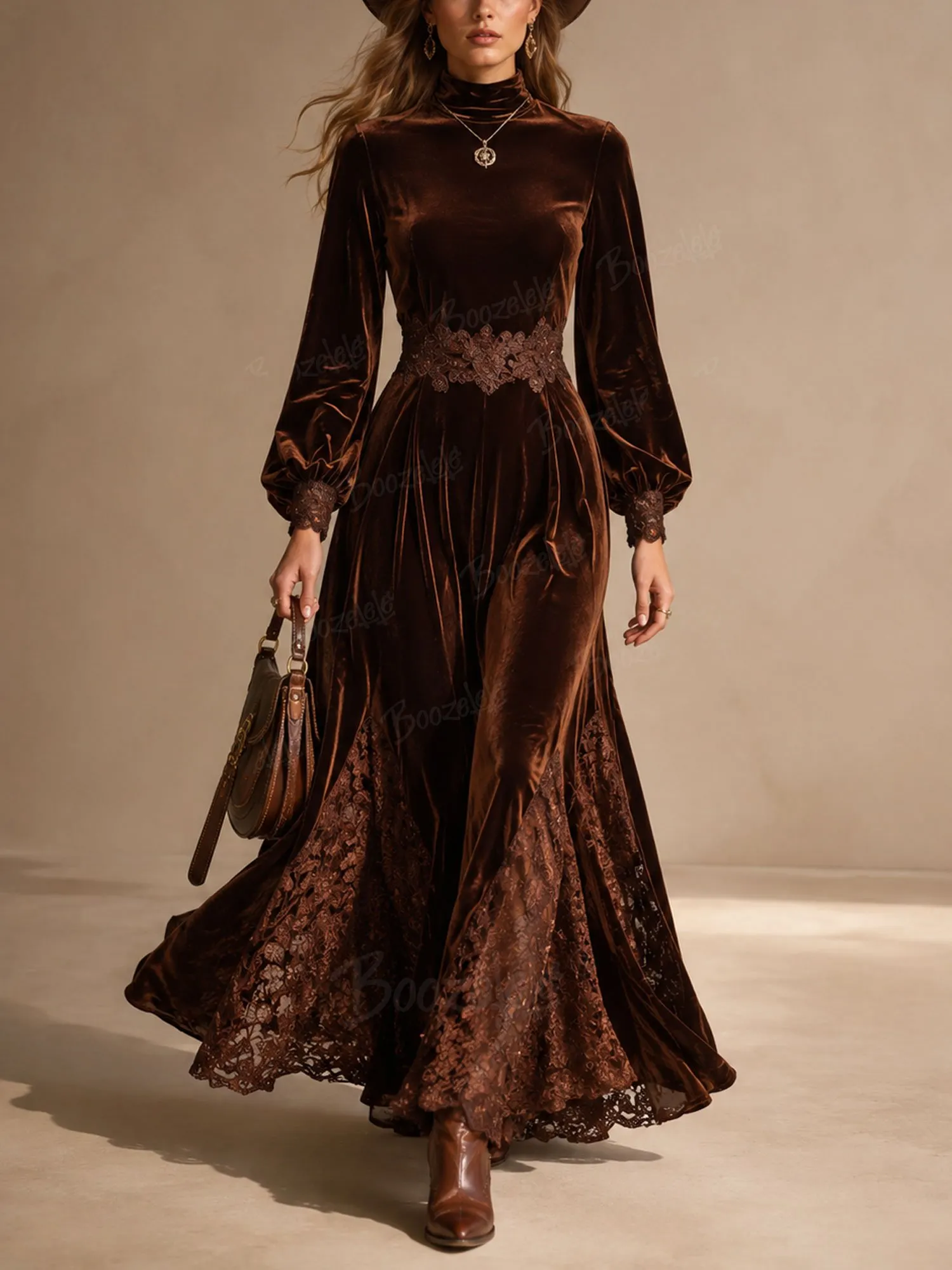 Great for a Romantic Autumn Soir&eacute;e &mdash; Deep Brown Velvet Lace-Detail 2026 Spring/Autumn Women&rsquo;s Maxi Dress