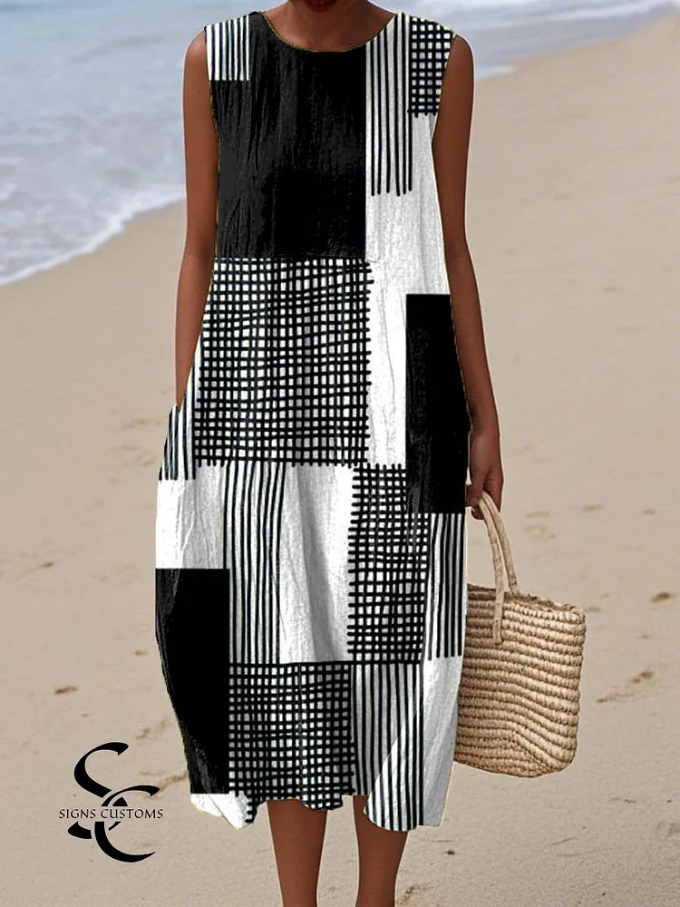 Women's Abstract Geometric Pattern Art Print Sleeveless Cotton Pocket Wrap Dress