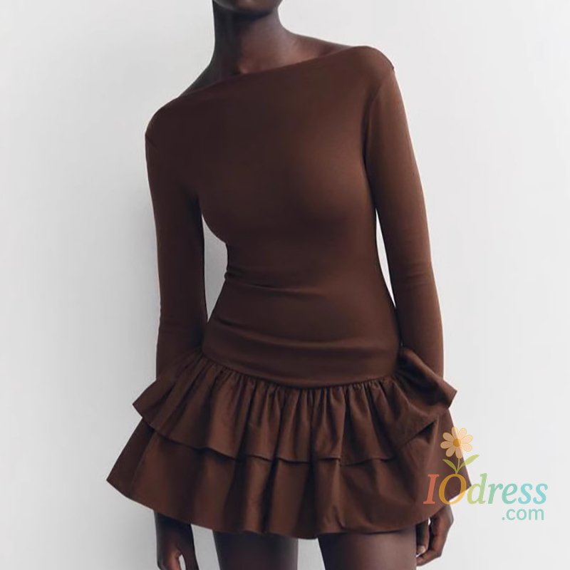 IO Dress Women Fashion Solid Tierred Ruffle A-Line Dress Spring Elegant O Neck Slim Fit Mini Dress Autumn Long Sleeve Simple Boho Dresses IO Dress