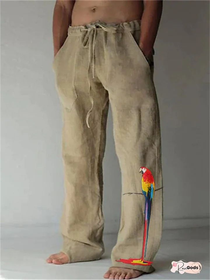 Men's Trousers Summer Pants Beach Pants Elastic Drawstring Design Front Pocket Straight Leg Bird Graphic Prints Soft Outdoor Casual Daily For Vacation Fashion Streetwear White Green