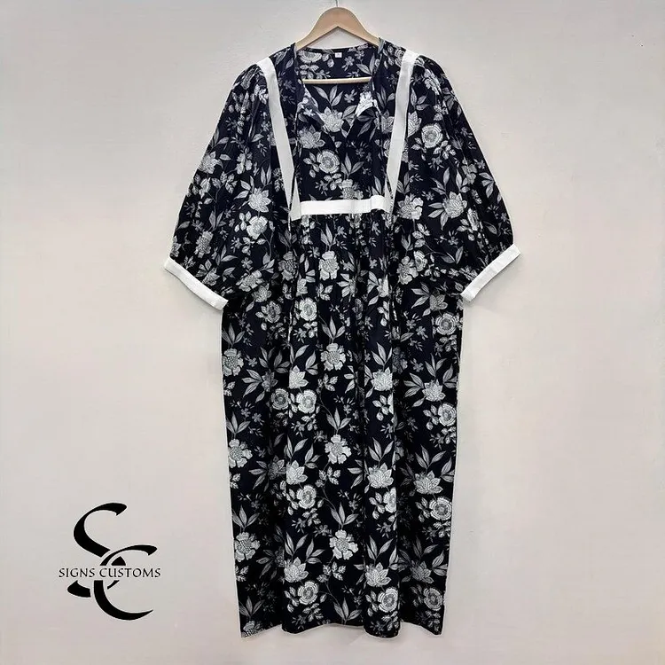 Floral Block Print Soft Cotton Woman Midi Dress &ndash; Summer Tunic for Women with String Closure