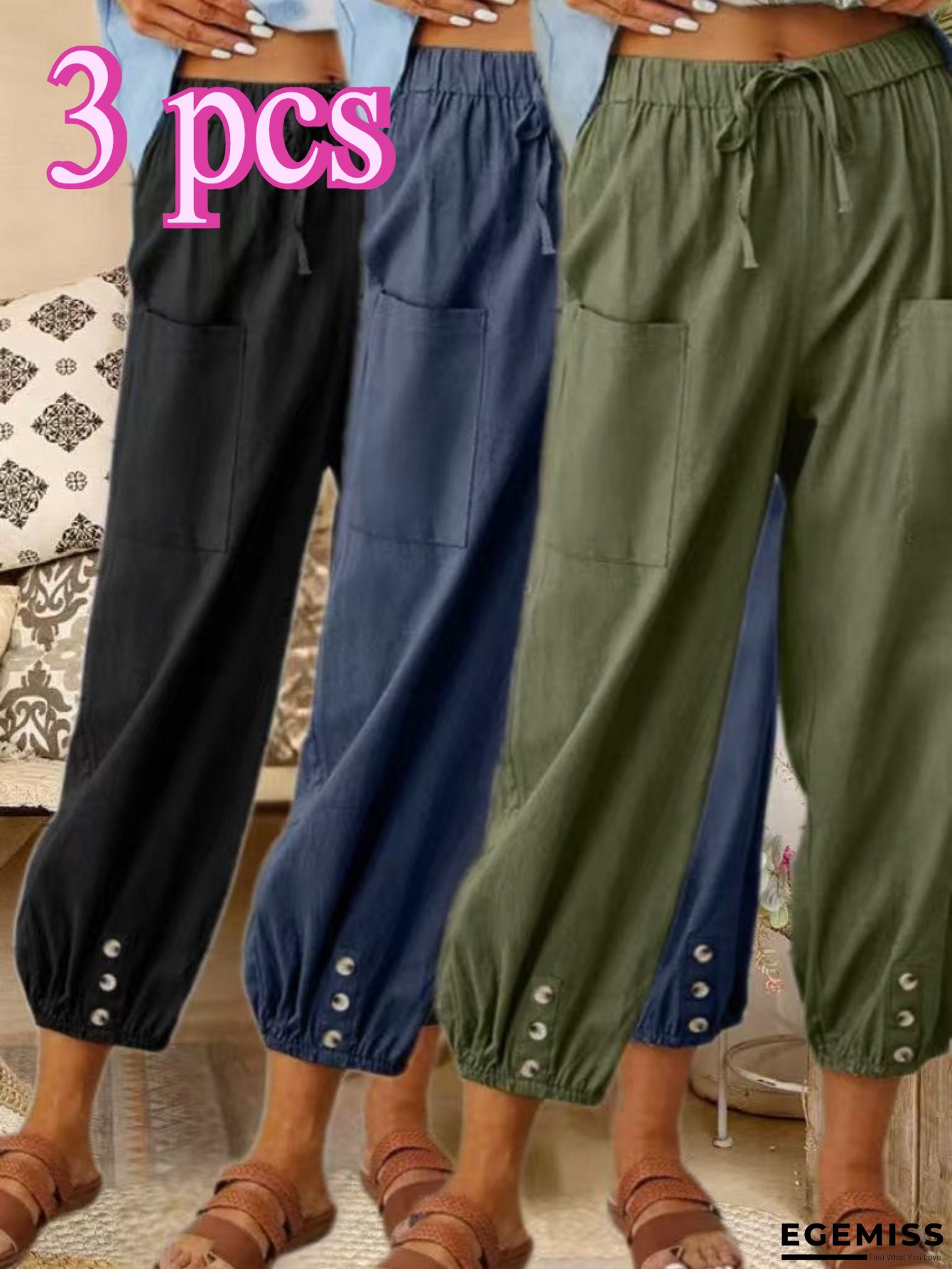 [Plus-Size Women's Pants] Plus-Size Women's Loose, High-Waisted Button-Up Pants, Nine-Inch Pants, Wide-Leg Women's Pants | EGEMISS