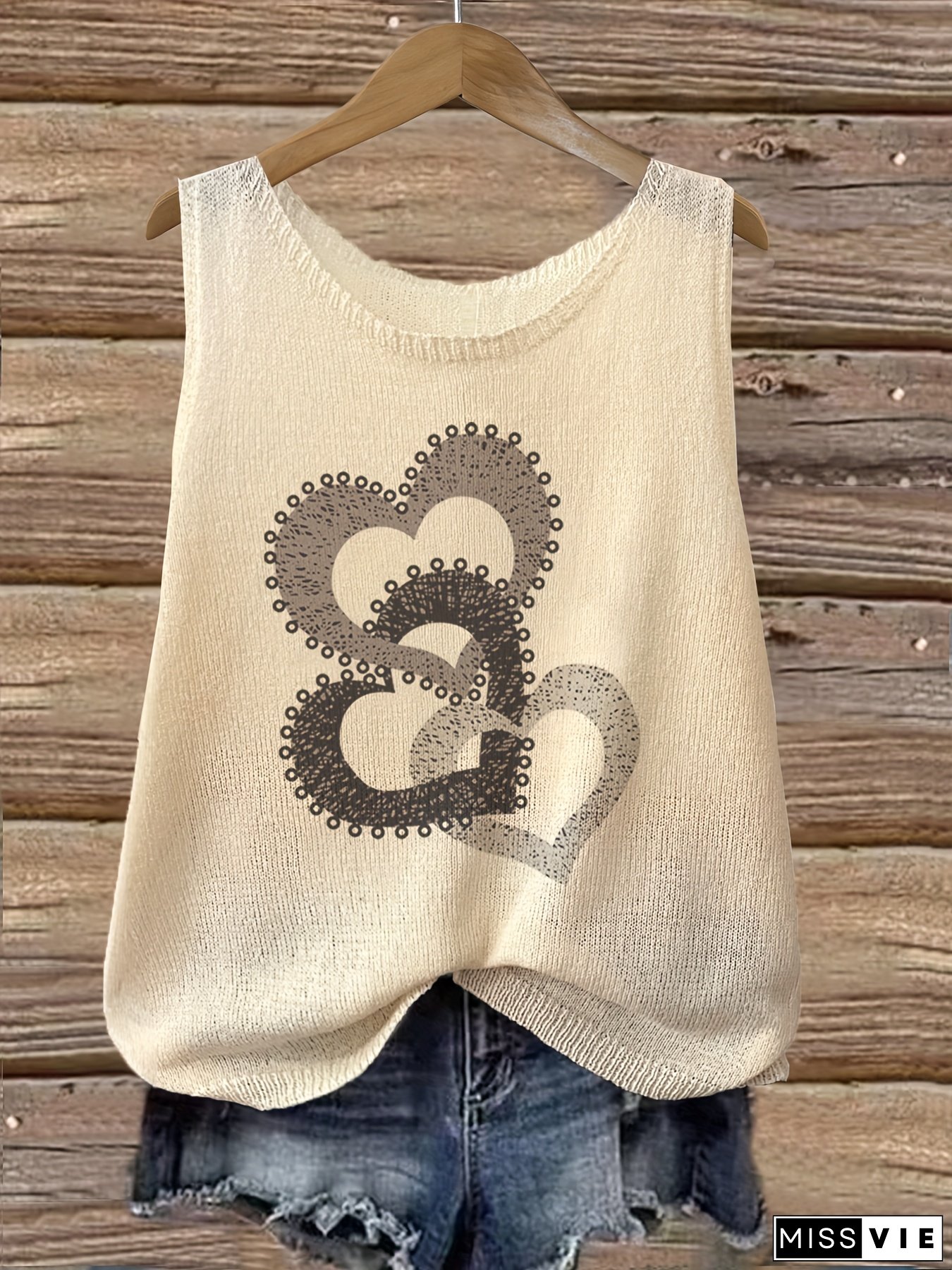 [Summer Tank Top] Breathable Summer Tank Top | Women's Casual Round Neck Heart Print Semi-Sheer Ribbed Sleeveless Top With Stretch Fabric, Brown & Black Graphic Design For Layering Or Standalone Wear, Medium Elasticity