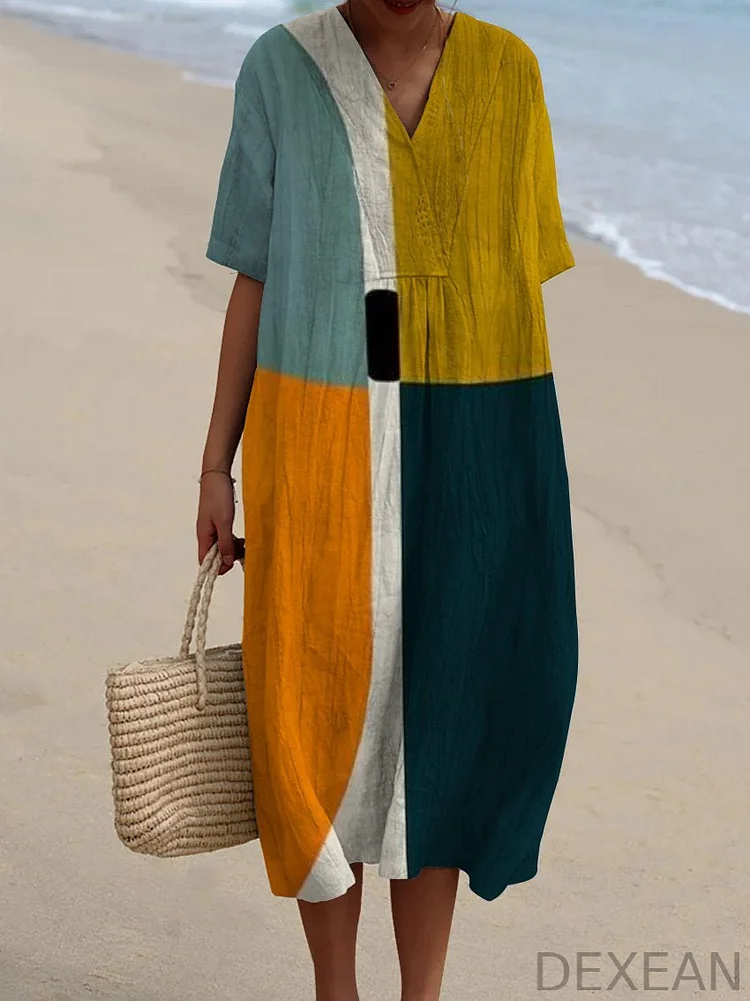 Color Block Decorative Pattern Flowy Dress