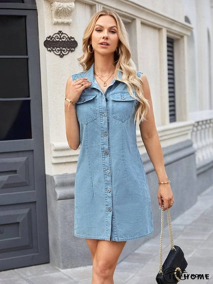 Pocketed Button Up Sleeveless Denim Dress | IFYHOME